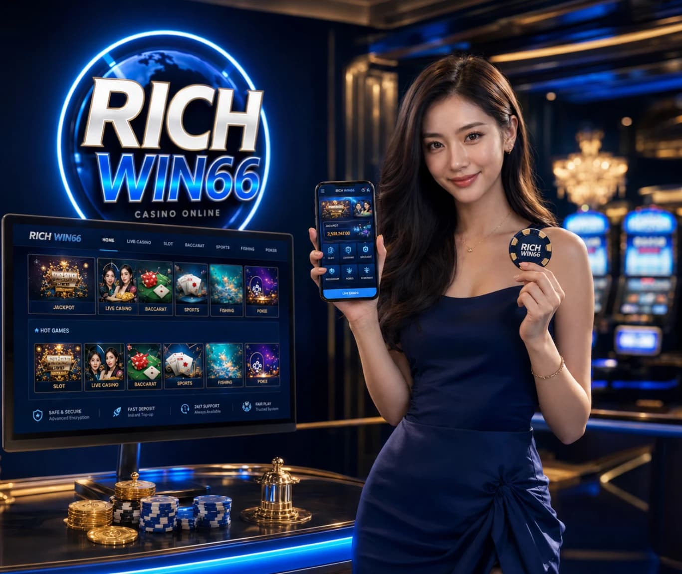 นางแบบเอเชียและโลโก้ RICH-WIN66 สำหรับเว็บคาสิโนออนไลน์
